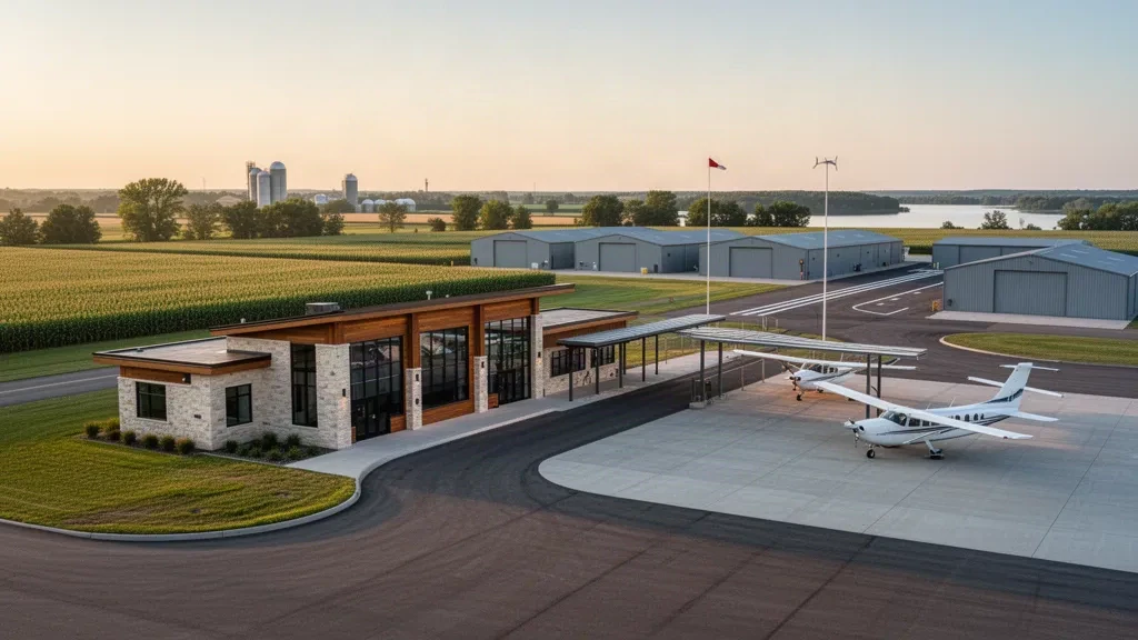 Weitwinkelansicht des Albert Lea Municipal Airport in Minnesota mit kleinem Terminal, Hangars und Leichtflugzeugen auf dem Vorfeld zur goldenen Stunde.
