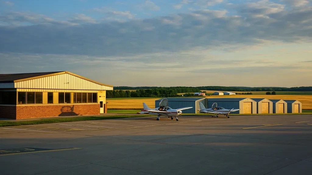Minnesota'daki Albert Lea Municipal Airport'ta öğleden sonra geç saatlerde gökyüzü altında küçük terminal binası, hangar sırası ve apron üzerindeki hafif uçaklar