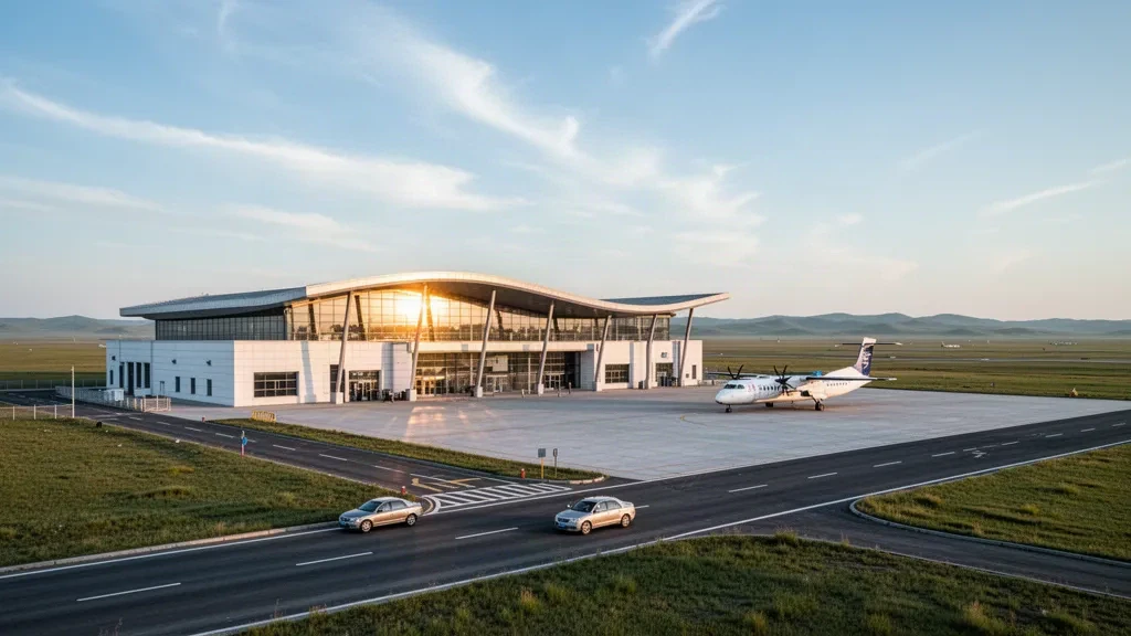 Terminal moderno de cristal del Aeropuerto de Ar Horqin en la estepa de Mongolia Interior durante la hora dorada, con una carretera vacía de llegada y aeronaves regionales estacionadas