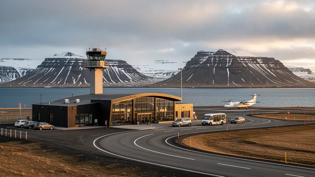 Akureyri Airport terminal exterior with snow-capped mountains and fjord views in northern Iceland