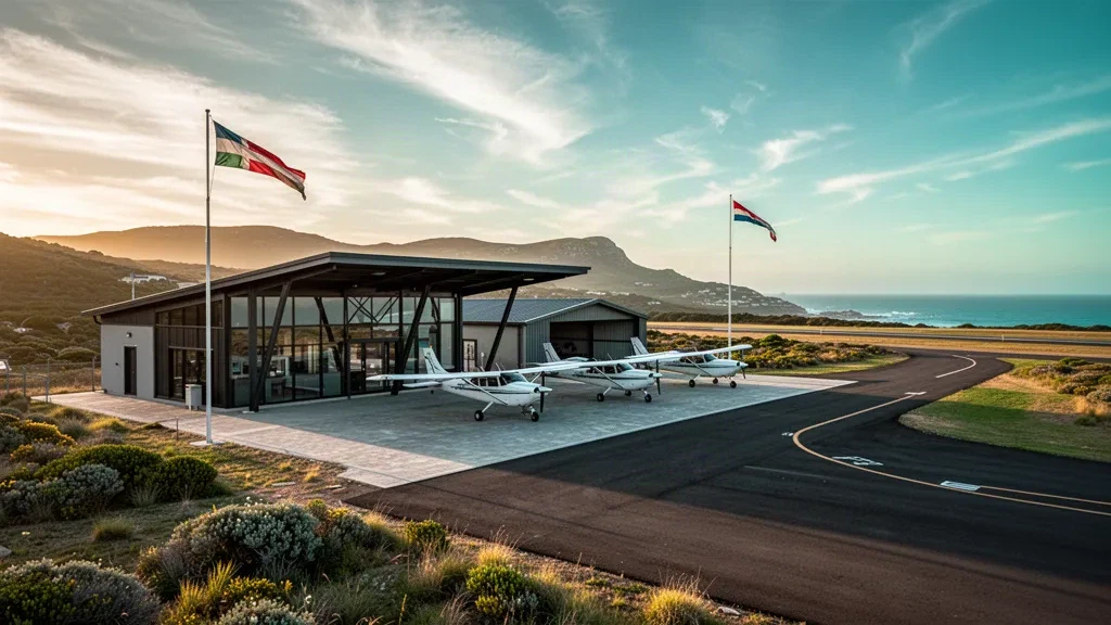 Golden-hour view of the apron and low-rise terminal at Port Alfred Airport, a small coastal airfield in the Eastern Cape