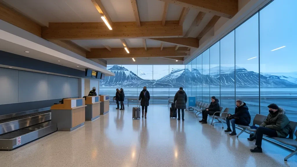 Interior of Akureyri International Airport terminal in Iceland, showing the check-in and departure hall with windows facing the fjord and mountains