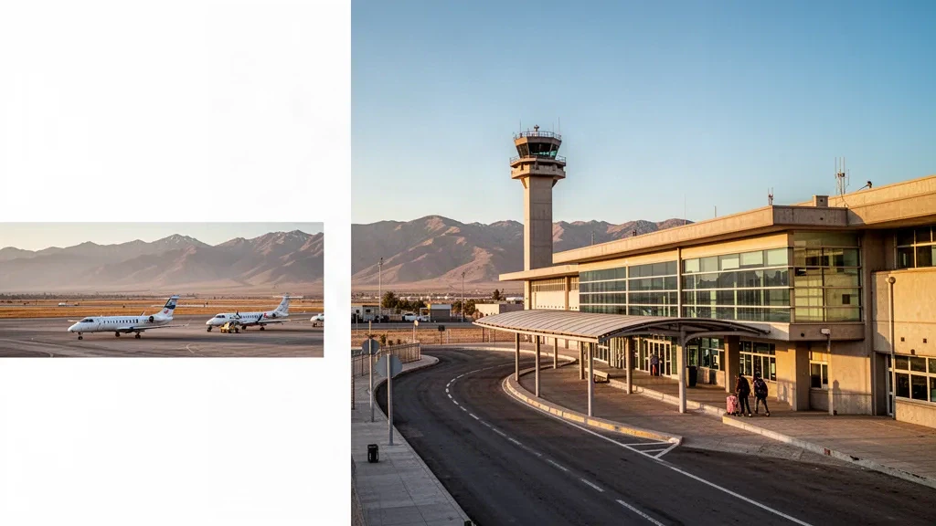 Regionalterminal und Vorfeld am Flughafen Suboficial Ay Santiago Germano in San Rafael, Mendoza, mit den Ausläufern der Anden zur goldenen Stunde.