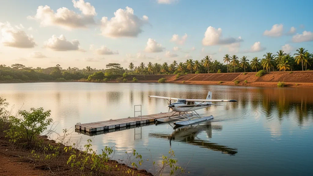 A seaplane moored at Kondavattavana Tank Seaplane Base in Ampara, Sri Lanka, on calm reservoir water at golden hour.