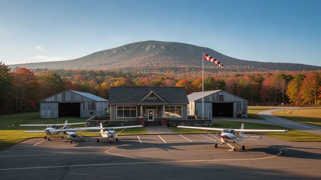 Silver Ranch Flugfeld in Jaffrey, New Hampshire, mit kleinen Hangars, Leichtflugzeugen und dem Mount Monadnock im goldenen Herbstlicht