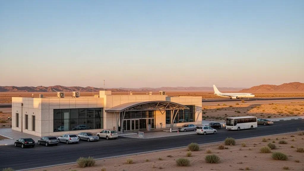 Modern low-rise terminal and quiet apron at Sugraly Airport in Uzbekistan's Kyzylkum Desert at golden hour