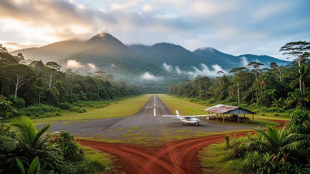 Abgelegene tropische Start- und Landebahn am Afore Airstrip in Papua-Neuguinea, umgeben von dichtem Regenwald und nebligen Bergen.