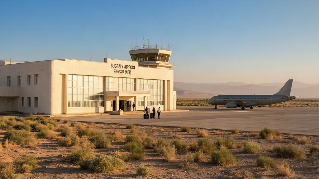 Exterior view of Sugraly Airport terminal in Uzbekistan with travelers and a parked plane under a clear desert sky.