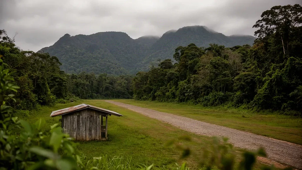 Aérodrome d'Afore en Papouasie-Nouvelle-Guinée, une étroite piste en herbe tracée à travers une forêt tropicale dense avec un petit abri en bois à sa lisière.