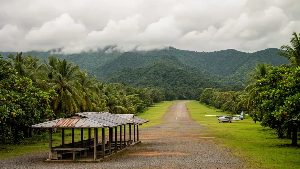 Terminal all'aperto e pista erbosa presso l'aerodromo di Afutara a Malaita, Isole Salomone, circondati da palme da cocco e colline verdi