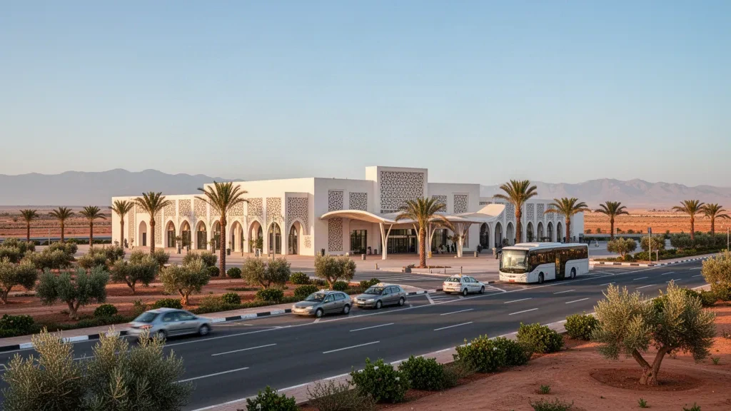 Golden-hour view of Agadir Al Massira Airport terminal in Morocco with palm-lined drop-off lanes and Atlas Mountains beyond