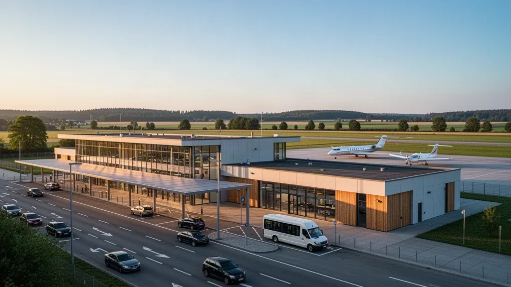 Modern glass terminal and curbside drop-off lane at Augsburg Airport in Bavaria during golden hour, with aircraft on the apron