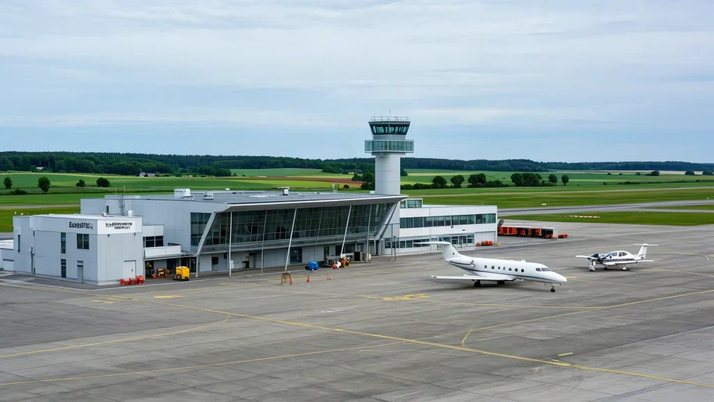 Modern glass terminal and control tower at Augsburg Airport in Bavaria with a business jet and light aircraft parked on the apron