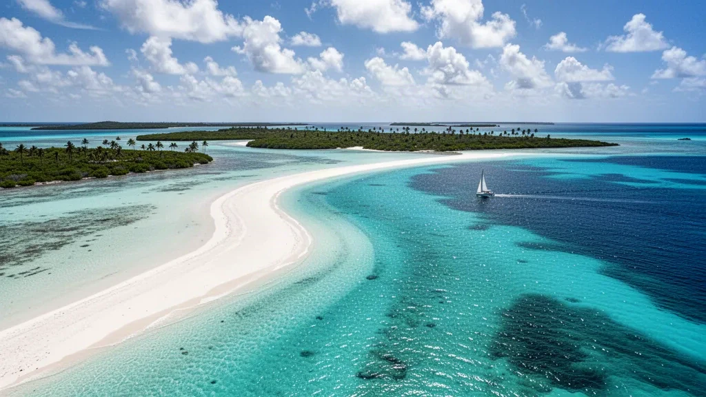 Bahamalar'daki Exuma Cays'in turkuaz sığlıklarının ve beyaz kum setinin parlak Karayip güneşi altında havadan görünümü