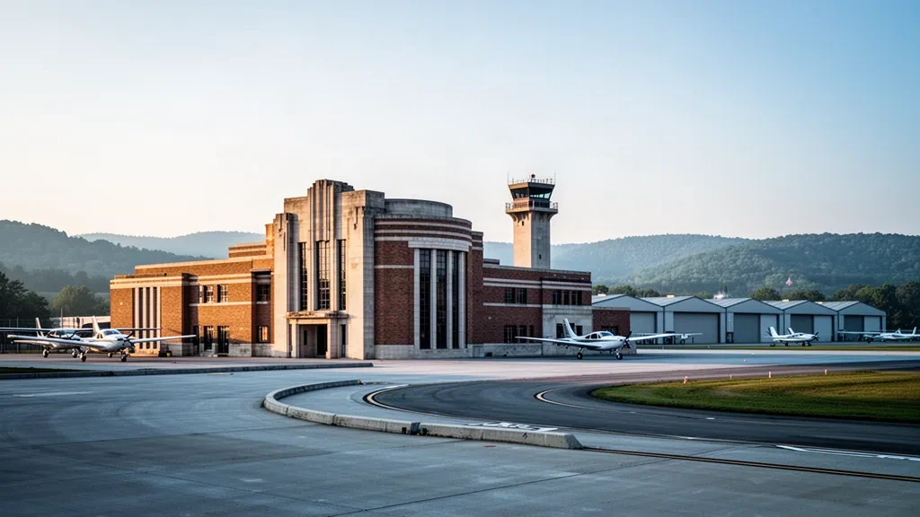 Terminal Art Deco e torre di controllo all'Aeroporto della Contea di Allegheny vicino a Pittsburgh, illuminati dalla luce dorata del tramonto sopra il piazzale e le colline boscose.