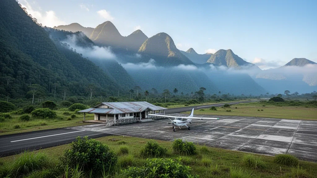 Petit avion à turbopropulseur stationné sur la piste d'atterrissage des hautes terres de l'aéroport d'Anggi, entouré de montagnes verdoyantes brumeuses en Papouasie occidentale.