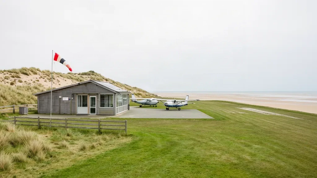 Kleines Terminalgebäude und Graspiste am Flughafen Wangerooge auf der ostfriesischen Insel, mit abgestellten Leichtflugzeugen und Nordseedünen im Hintergrund.
