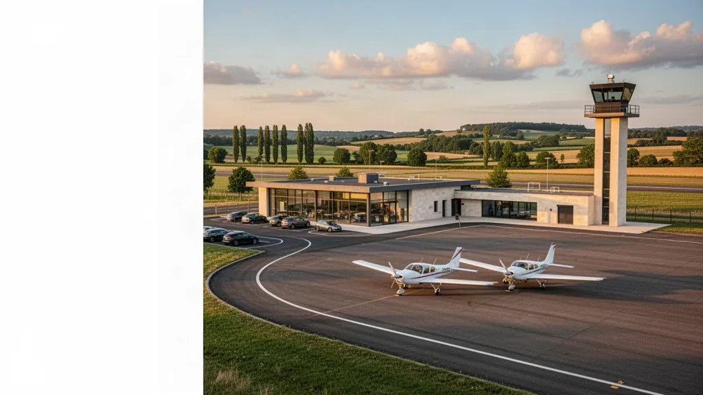 Terminal exterior at Agen La Garenne Airport in France, with light aircraft on the apron and golden-hour light over the Lot-et-Garonne countryside.