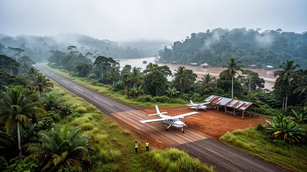 Pequeña aeronave monomotor en la pista de grava del aeropuerto de Angoram, entre la selva tropical del Sepik en Papúa Nueva Guinea