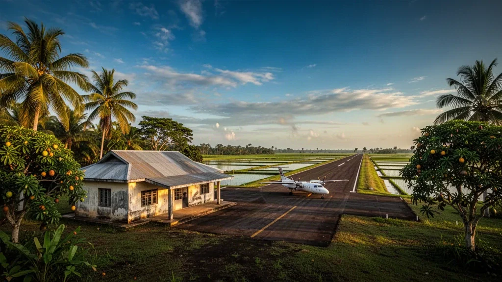 Piccolo terminal tropicale e piazzale dell'Aerodromo di Wageningen nel distretto di Nickerie, in Suriname, durante l'ora d'oro, incorniciati da palme e risaie.