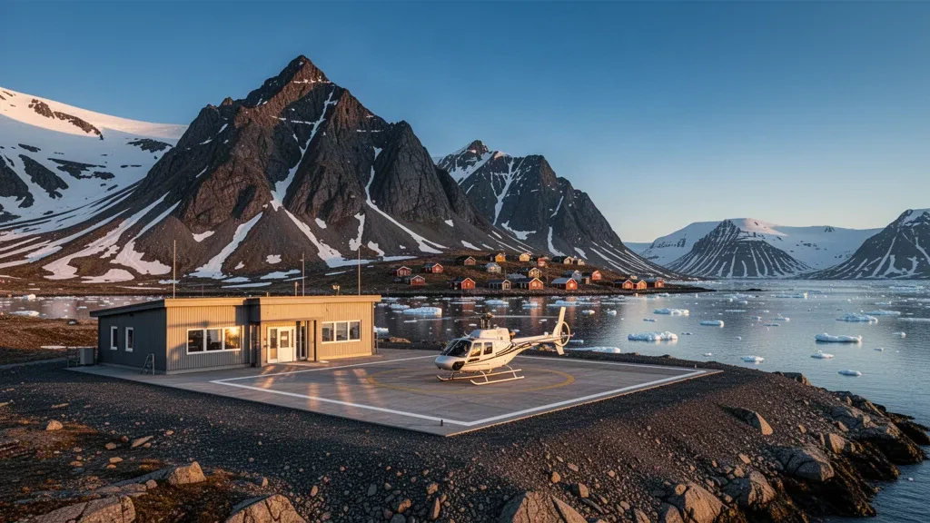 Kleines arktisches Heliport-Terminal und Landeplatz in Tasiilaq, Grönland, umrahmt von schneebedeckten Bergen, Fjordeis und Licht zur goldenen Stunde