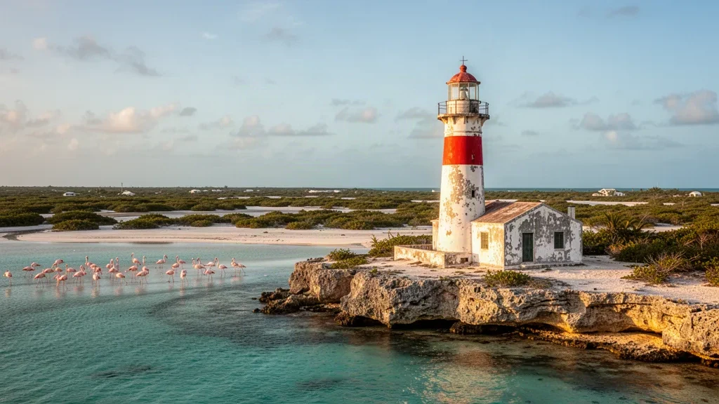Great Inagua lighthouse in Matthew Town, Bahamas, overlooking turquoise water and salt flats where flamingos wade at golden hour