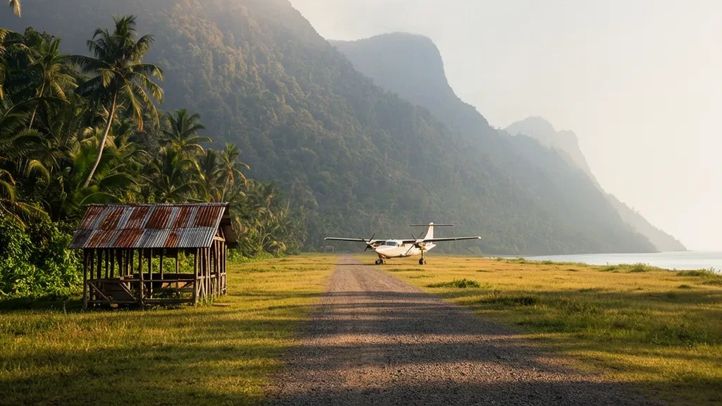 Pista di atterraggio in erba tropicale e riparo d'attesa in legno all'aeroporto di Wanigela (AGL) nella provincia di Oro, Papua Nuova Guinea, incorniciati da palme.