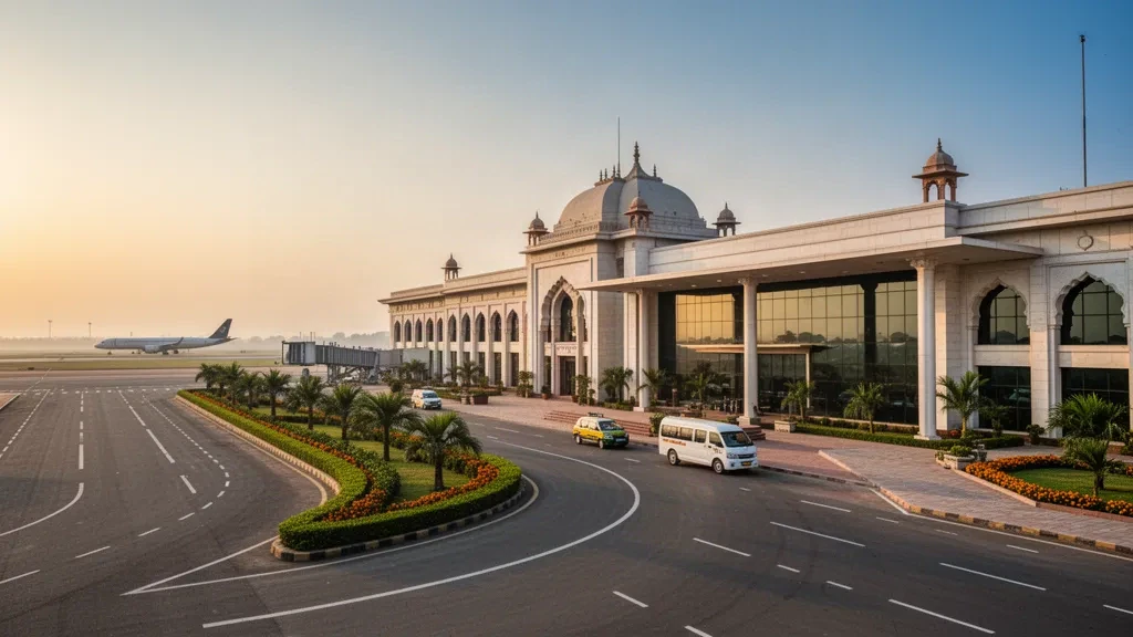 Modern Mughal-inspired terminal and curved drop-off lanes at Agra Airport in Uttar Pradesh under warm golden-hour light