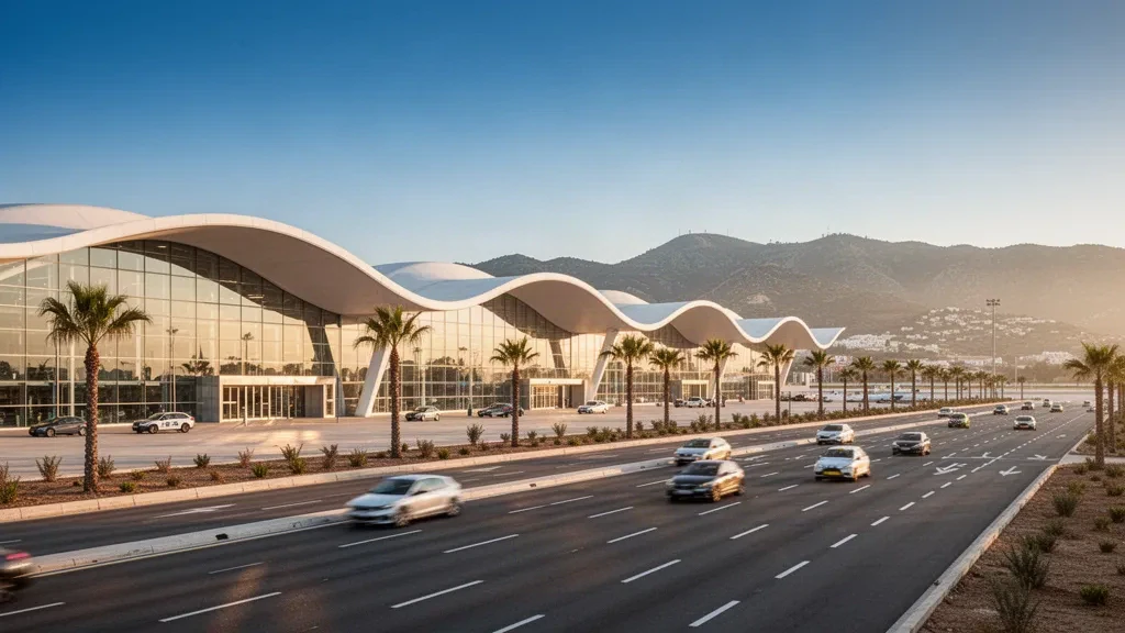 Sunlit modern glass terminal and drop-off lanes at Málaga-Costa del Sol Airport, framed by palm trees and Andalusian hills