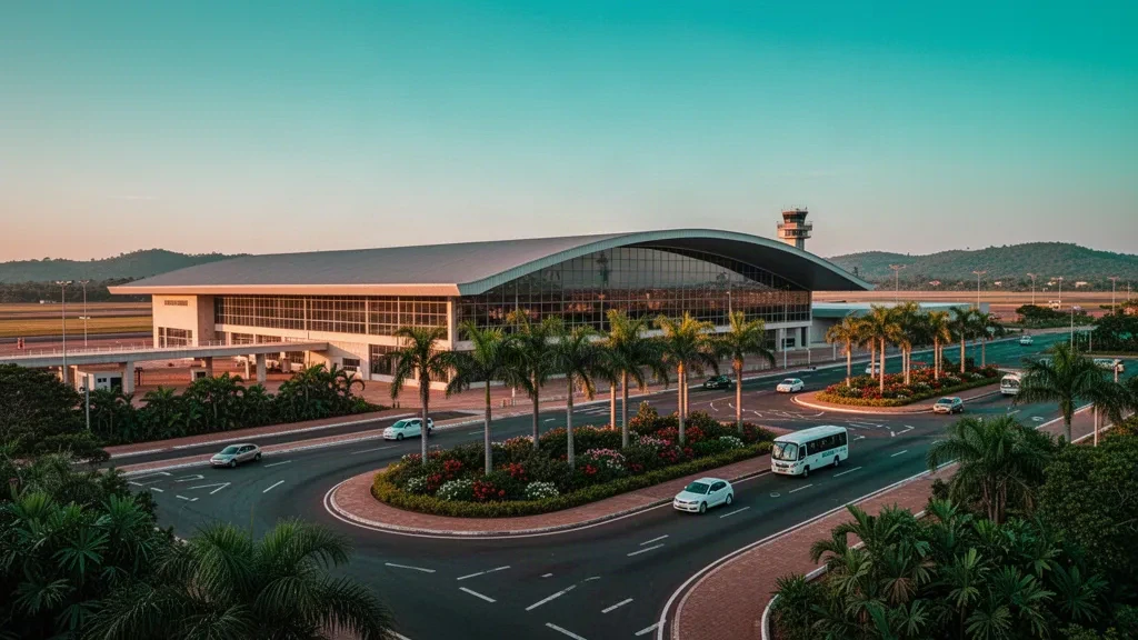 Modernes Glas-Terminal und von Palmen gesäumte Vorfahrtsstraßen am Flughafen Guaraní International nahe Ciudad del Este, Paraguay, im Licht der goldenen Stunde