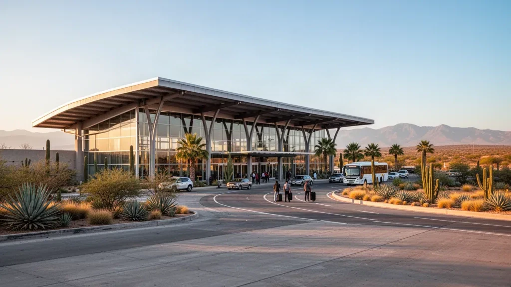 Moderner Glas-Terminal-Außenbereich am internationalen Flughafen Aguascalientes mit Licht zur goldenen Stunde und offenen Bringspuren
