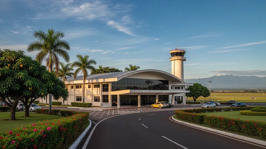 Fassade des niedrigen Terminals und von Palmen gesäumte Vorfahrt am Flughafen Oswaldo Guevara Mujica in Acarigua, Venezuela, in warmem Nachmittagslicht.