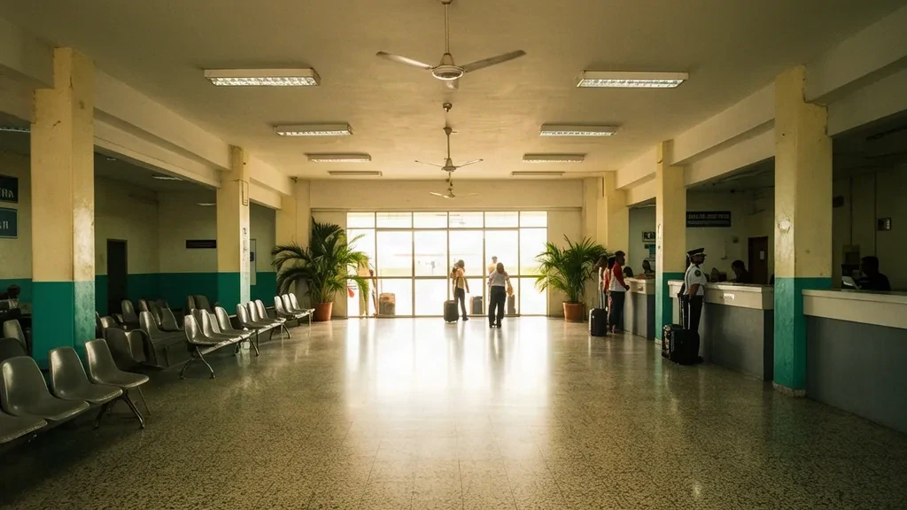 Interior de la terminal del Aeropuerto Oswaldo Guevara Mujica en Acarigua, Venezuela, con sillas de espera y sala de llegadas a la luz del día