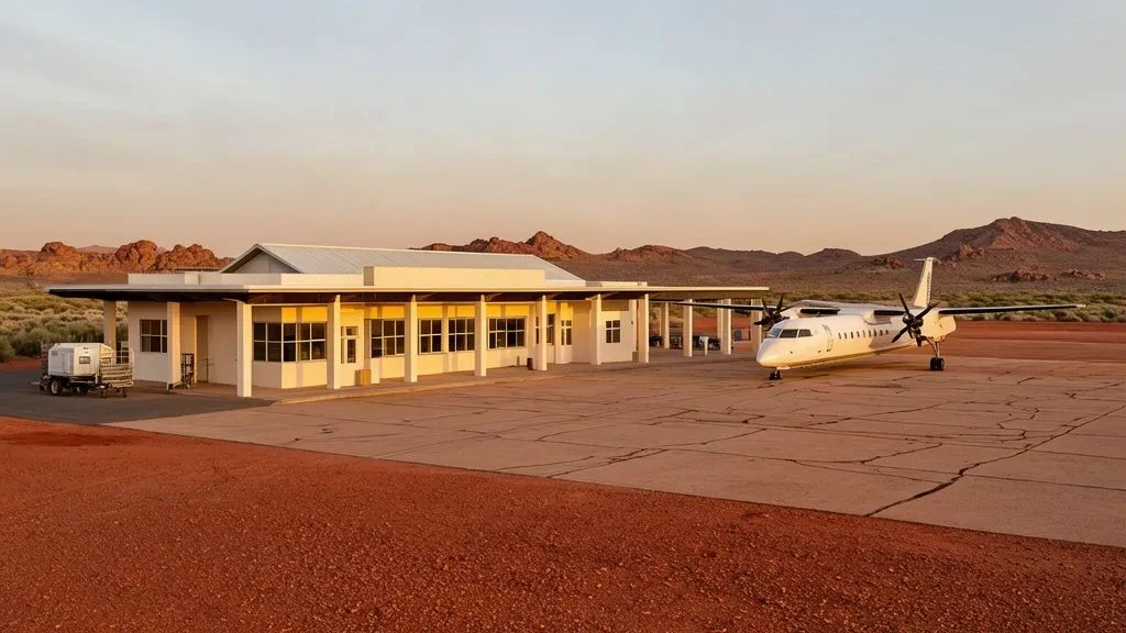 Small single-storey terminal and concrete apron at Aggeneys Airport in South Africa's arid Northern Cape, with a commuter aircraft parked.