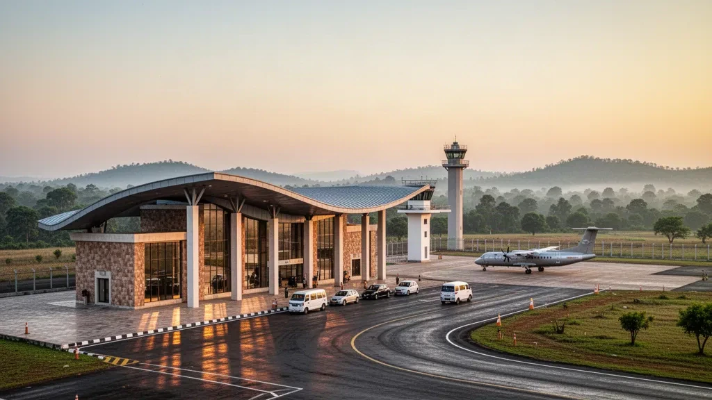 Moderne Terminalfassade am Maa Mahamaya Airport in Ambikapur, Chhattisgarh, umrahmt von grünen Waldhügeln der Surguja-Region zur goldenen Stunde