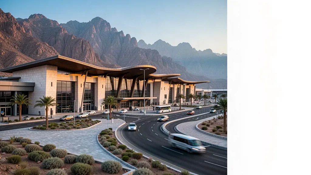 Abha Uluslararası Havalimanı'nda Asir Dağı manzaralı modern terminal dış cephesi ve gün batımında yolcu indirme şeritleri