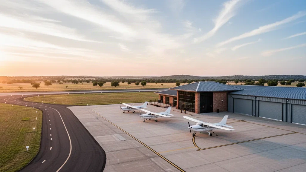 Small general aviation aircraft and low-rise terminal at Ardmore Downtown Executive Airport in Oklahoma under warm golden-hour light