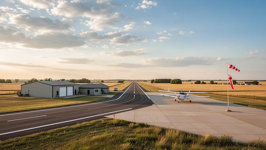 Kleine Flugzeuge der allgemeinen Luftfahrt und Hangars neben einer Präriestartbahn am Arapahoe Municipal Airport in Nebraska zur goldenen Stunde.