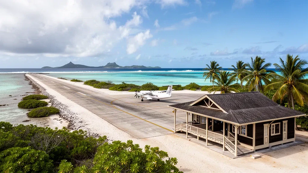 Tropisches Inselterminal, palmengesäumtes Vorfeld und türkisfarbene Lagune am Flughafen Ahe auf einem Atoll in Französisch-Polynesien