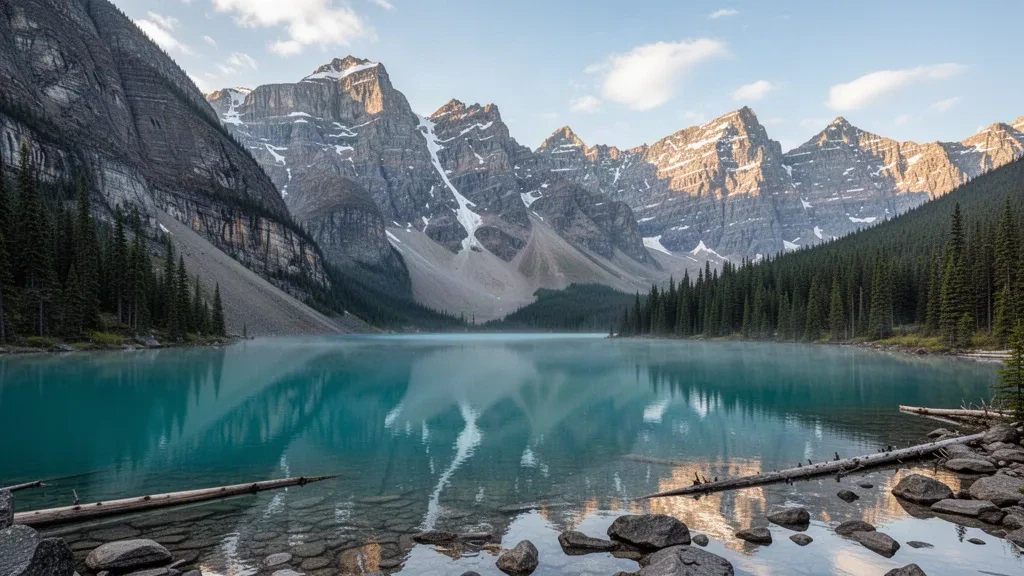 Kanada, Alberta'daki Banff Ulusal Parkı'nda On Zirve Vadisi'nin altındaki Moraine Gölü'nün turkuaz suları