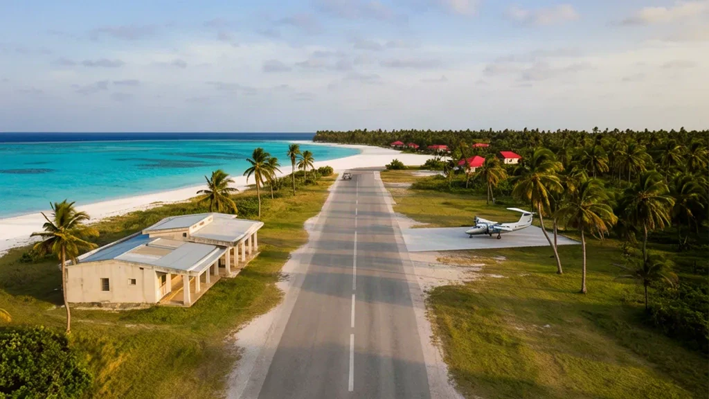 Small tropical terminal, runway and palms at Agalega Island Airstrip in Mauritius beside a turquoise lagoon
