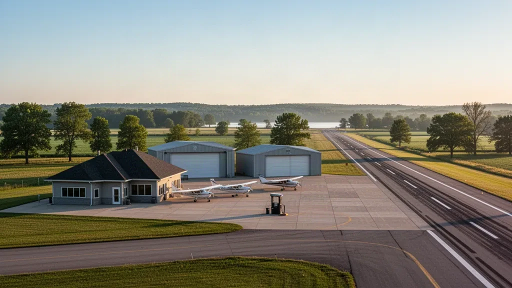 Kleine Flugzeuge der allgemeinen Luftfahrt und Hangars auf dem Vorfeld des Amery Municipal Airport in Wisconsin unter einem weiten Himmel zur goldenen Stunde