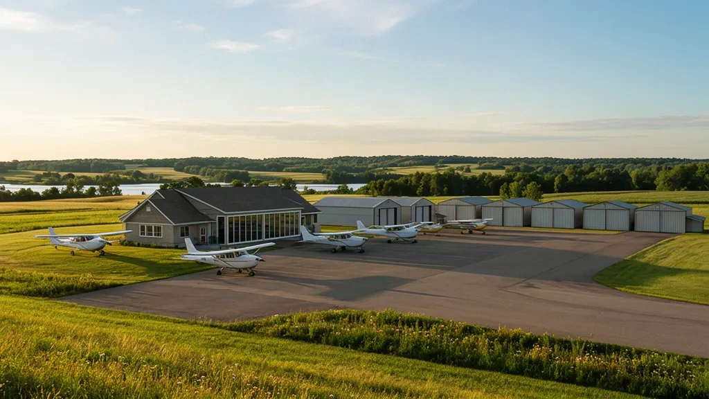 Petite aire de trafic d'aviation générale, hangars et aéronefs légers à l'aéroport municipal d'Amery dans le Wisconsin sous une lumière chaude de fin d'après-midi