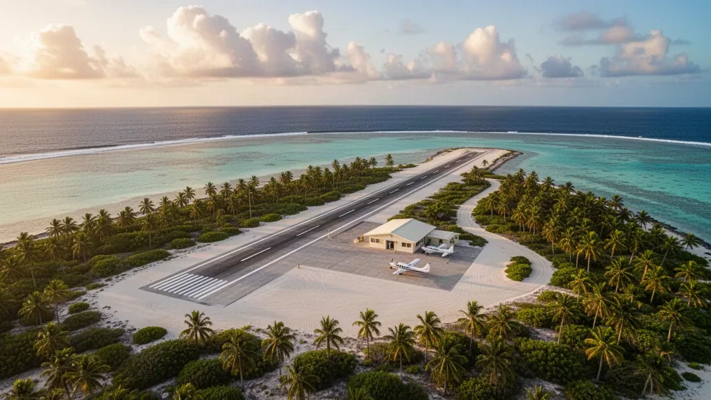 Mauritius'taki küçük tropikal Agalega Adası havaalanının beton pisti, palmiye bahçeleri ve turkuaz lagünüyle havadan görünümü