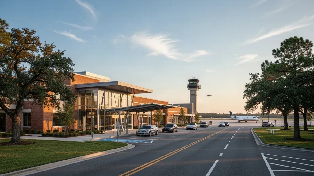 Extérieur moderne du terminal de l'aéroport Athens Ben Epps en Géorgie à l'heure dorée, avec une voie de dépose en bordure de trottoir et des espaces paysagers.