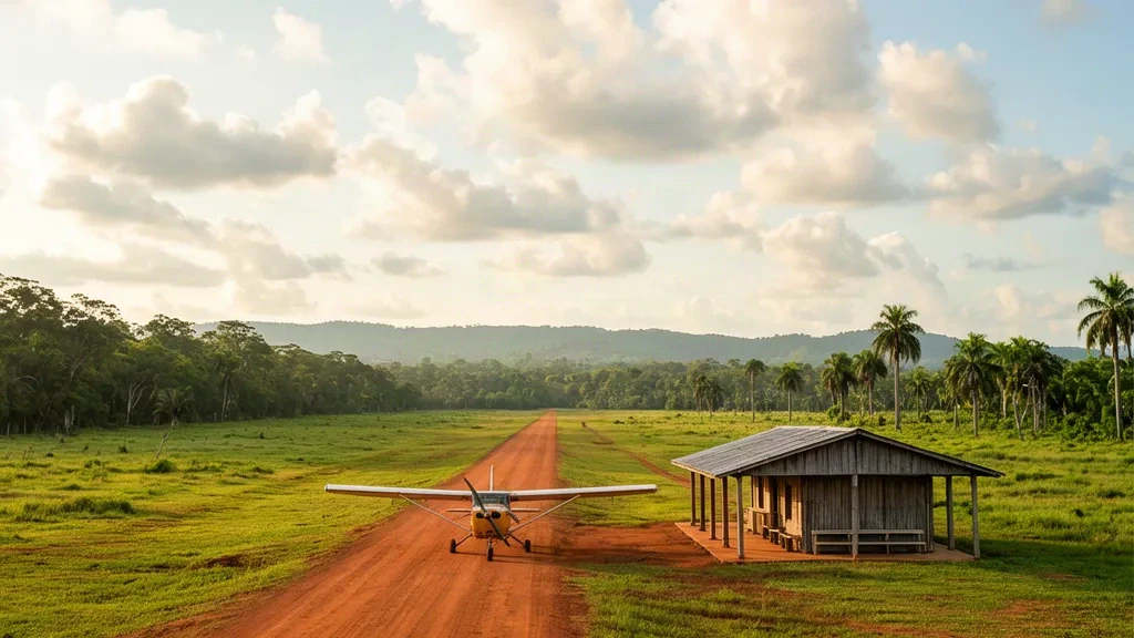 Aéronef monomoteur stationné à côté du petit terminal de l'aéroport d'Aishalton AHL, une piste isolée en latérite dans la savane du Rupununi au Guyana