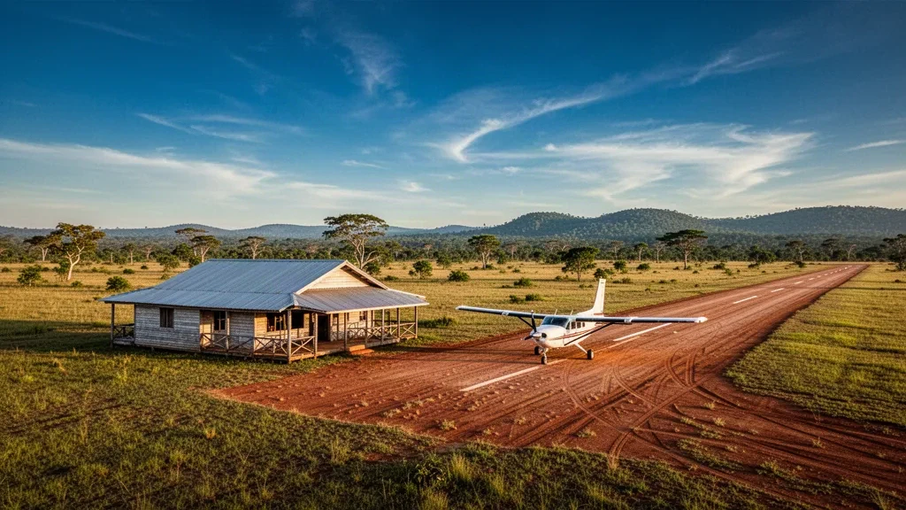 Piccola pista rurale e terminal in legno all'aeroporto di Aishalton nella savana del Rupununi in Guyana, con un aereo turboelica nella luce dell'ora d'oro