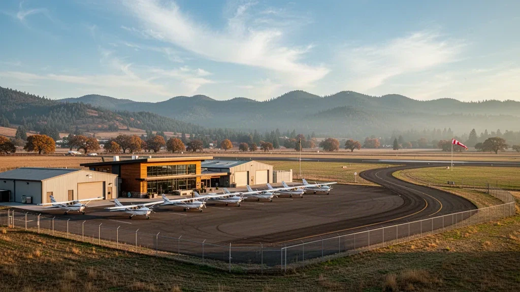 Piazzale, hangar e aerei leggeri presso Sumner Parker Field, aeroporto municipale di Ashland, nella Rogue Valley dell'Oregon, all'ora d'oro