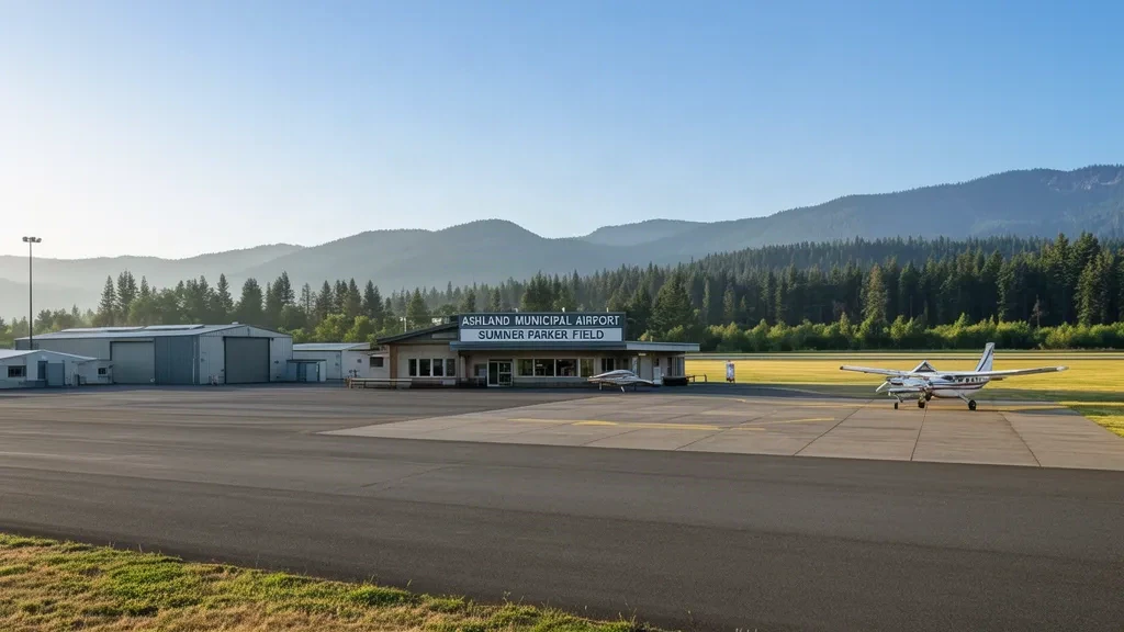 Piccolo terminal per l'aviazione generale e hangar presso l'aeroporto municipale di Ashland-Sumner Parker Field, Oregon, con pista pavimentata e montagne sullo sfondo.