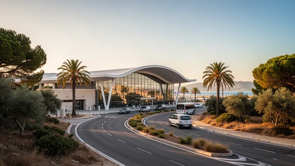 Moderno terminal vetrato e strada di accesso alberata di palme all'Aeroporto di Alghero-Fertilia in Sardegna, Italia, illuminati dalla calda luce dell'ora d'oro